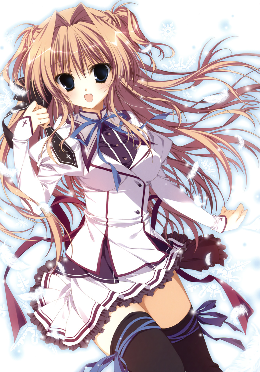 :d absurdres black_legwear blue_eyes blush bow bowtie brown_hair feathers grey_bow grey_neckwear hair_intakes highres inugami_kira long_hair long_sleeves looking_at_viewer mashiroiro_symphony open_mouth school_uniform sena_airi simple_background skirt smile tareme thighhighs very_long_hair white_background