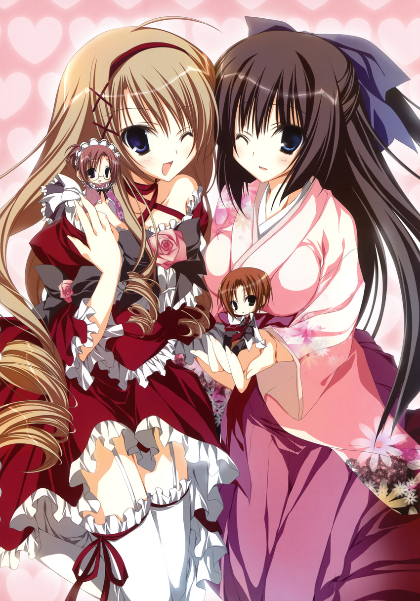 3girls :&lt; :d ;d absurdres ahoge bangs bare_shoulders black_hair blue_eyes blush bow brown_hair character_request chibi criss-cross_halter dress dress_shirt fingernails floral_print flower forehead-to-forehead frilled_dress frilled_legwear frills garter_straps glasses hair_between_eyes hair_bow hair_ornament hairband hairclip hakama halterneck hand_on_head heart heart_background highres holding inugami_kira japanese_clothes kimono leg_lift leg_ribbon lolita_fashion long_fingernails long_hair looking_at_viewer maid maid_headdress multiple_girls necktie off_shoulder official_art ojou-sama_shimai_no_meirei_desu one_eye_closed one_side_up open_mouth pants parted_bangs pink_hair ponytail ribbon rose scan shirt short_hair sidelocks smile swept_bangs thighhighs very_long_hair vest white_legwear wide_sleeves zettai_ryouiki