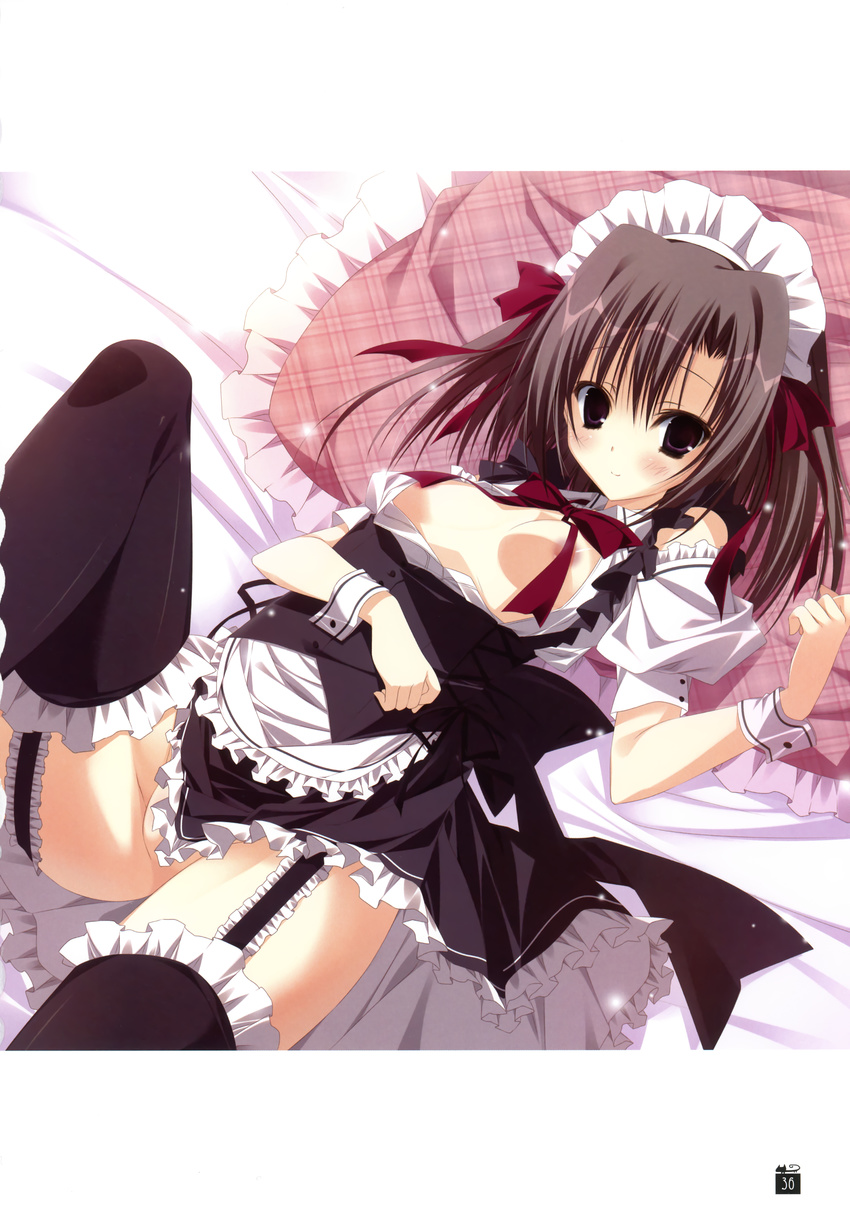 absurdres alternate_costume areola_slip areolae black_legwear blush breasts brown_hair censored convenient_censoring dress ebiten_(manga) enmaided frilled_legwear frilled_pillow frills garter_straps highres inugami_kira leg_up long_hair looking_at_viewer lying maid maid_headdress no_bra no_panties official_art on_back open_clothes open_dress pillow puffy_short_sleeves puffy_sleeves purple_eyes short_sleeves simple_background small_breasts tareme thighhighs todayama_izumiko white_background wrist_cuffs