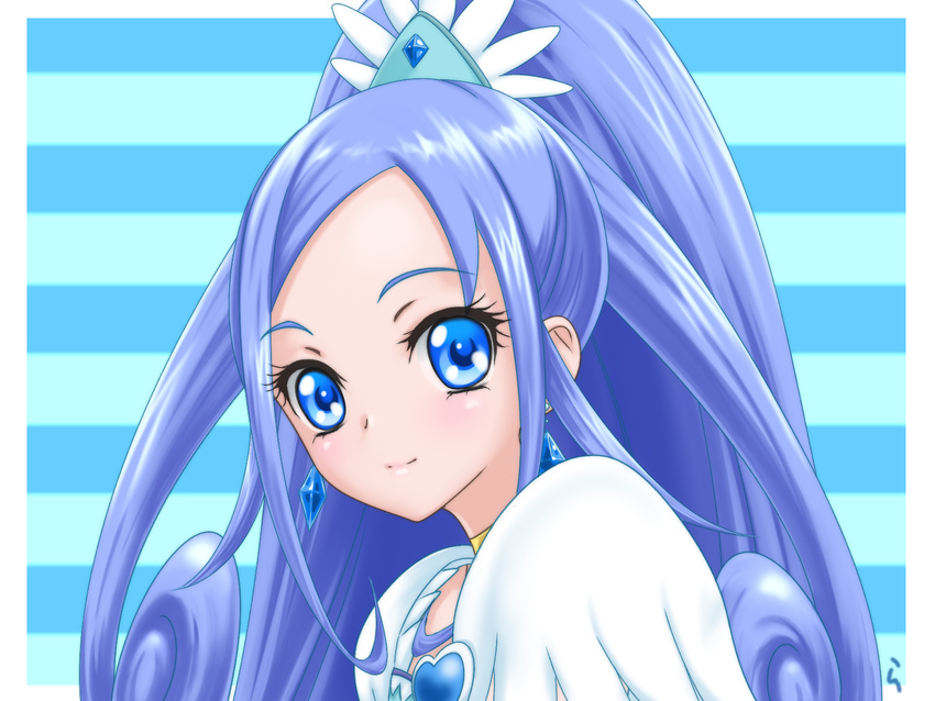 blue blue_background blue_eyes blue_hair choker crystal_earrings cure_diamond dokidoki!_precure earrings eyelashes highres hishikawa_rikka horizontal-striped_background jewelry long_hair magical_girl ponytail precure rasukaru smile solo striped striped_background