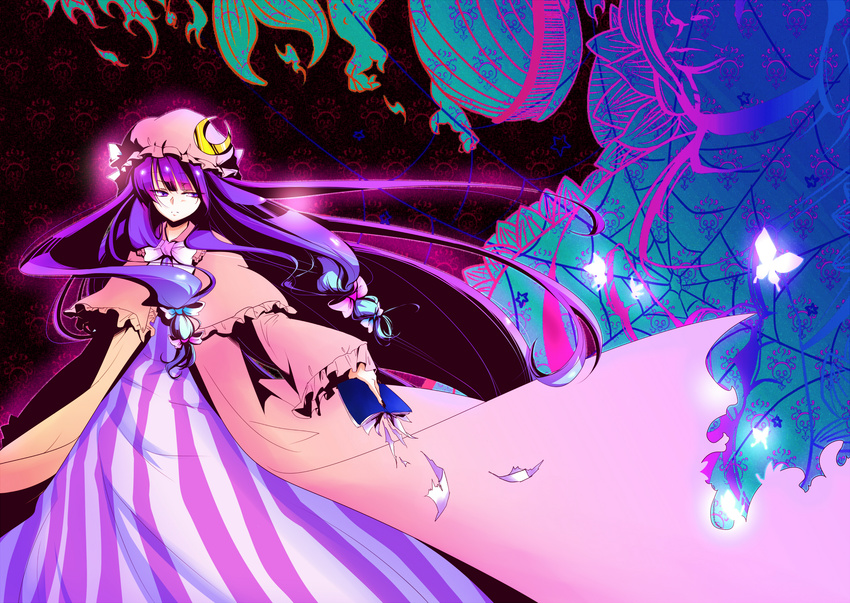 bad_id bad_pixiv_id book bug butterfly capelet crescent dress frown hair_ribbon hat highres insect long_hair patchouli_knowledge purple_eyes purple_hair ribbon solo touhou very_long_hair zundamame