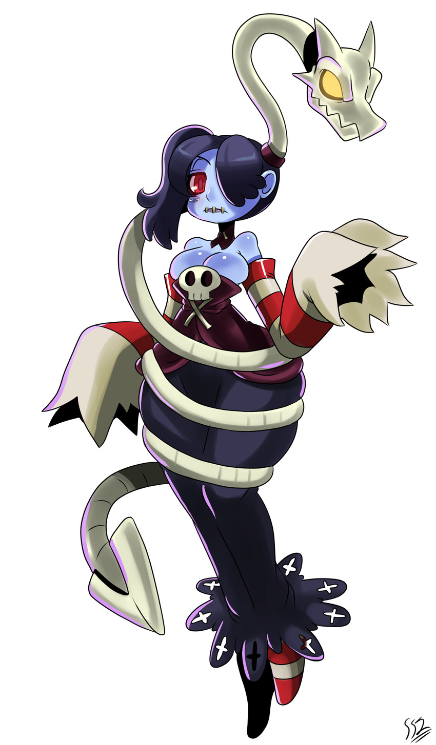absurdres bare_shoulders blue_hair blue_skin breasts eric_lowery highres large_breasts leviathan_(skullgirls) red_eyes skull skullgirls solo squigly_(skullgirls) stitched_mouth stitches striped striped_legwear striped_sleeves zombie