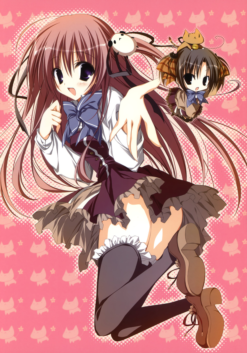 absurdres animal animal_on_head black_legwear blue_eyes cat cat_on_head chibi ebiten_(manga) frilled_legwear hanamori_hakata highres inugami_kira multiple_girls official_art on_head pink_hair purple_eyes school_uniform skirt thighhighs todayama_kyouko zettai_ryouiki