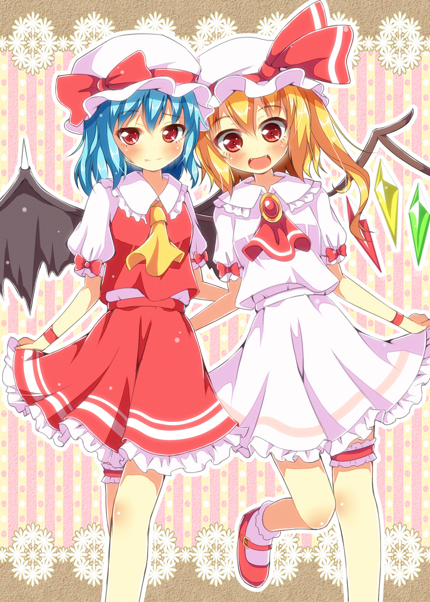 ascot bat_wings blonde_hair blue_hair blush breast_envy brooch commentary_request cosplay costume_switch curtsey fang fangs flandre_scarlet garters hat hat_ribbon highres jewelry looking_at_viewer mary_janes multiple_girls open_mouth puffy_sleeves red_eyes remilia_scarlet ribbon shirt shoes short_sleeves siblings side_ponytail sisters skirt skirt_set smile striped striped_background touhou vertical-striped_background vertical_stripes vest wings wristband yuimari