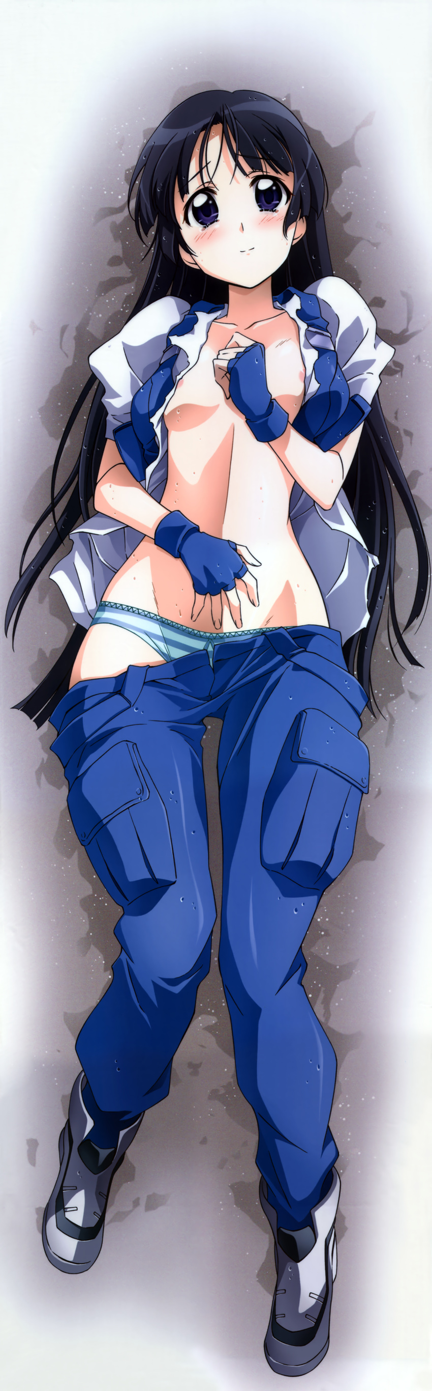 1girl absurdres blush dakimakura female fixed highres jinki long_image lying open_clothes open_shirt shirt tall_image tsunashima_shirou tsuzaki_aoba