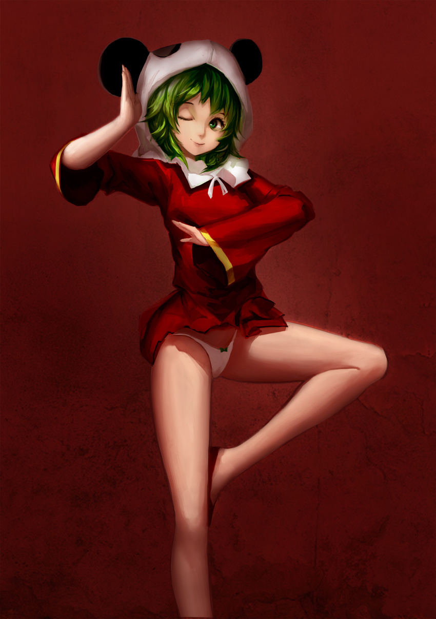 blackrabbitsoul bow bow_panties chinese_clothes green_eyes green_hair gumi highres one_eye_closed panda_hat panties pantyshot pantyshot_(standing) red_background short_hair smile solo standing standing_on_one_leg underwear vocaloid white_panties yie_ar_fan_club_(vocaloid)