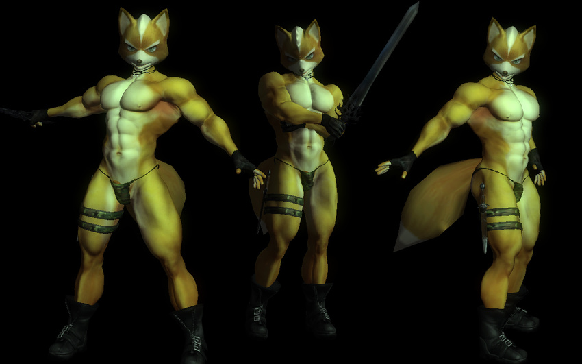 abs armpits biceps black_background black_nose black_skin blue_eyes boots buckle bulge butt canine cgi clothed clothing crossed_arms fluffy footwear fox fox_mccloud fur gloves grasp hair half-dressed half_nude holding jewelry looking_at_viewer male mammal manly mohawk muscles naval navel necklace necklece nintendo nipples pecs plain_background pointy_ears raised_arm short_hair skin spread_legs spreading standing star_fox strap sword thong topless underwear unknown_artist video_games weapon white_fur white_hair yellow_fur zipper