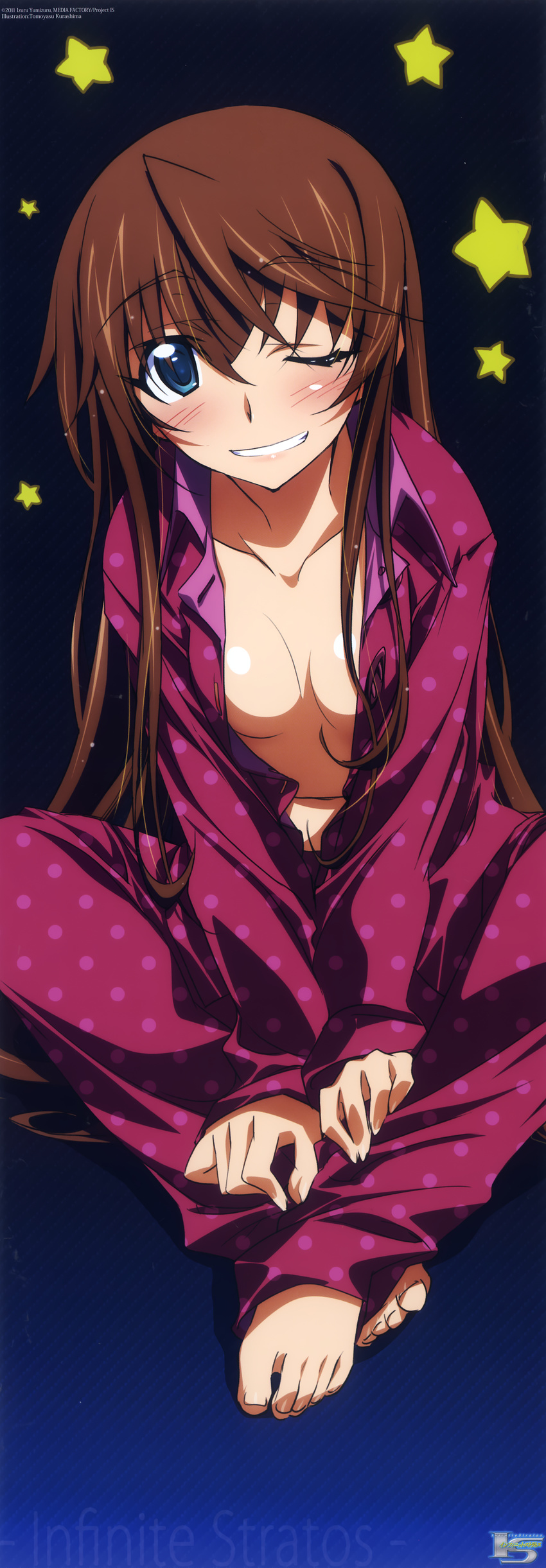 cleavage fang_lingyin infinite_stratos kurashima_tomoyasu no_bra open_shirt pajama stick_poster