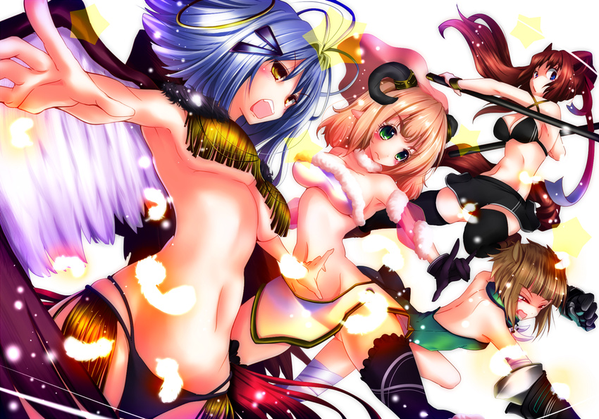 bare_shoulders black_legwear blonde_hair blue_eyes blue_hair blush breasts brown_hair cleavage gloves green_eyes large_breasts long_hair multiple_girls natsu_(anta_tte_hitoha) navel open_mouth original punching red_eyes short_hair sword thighhighs weapon yellow_eyes