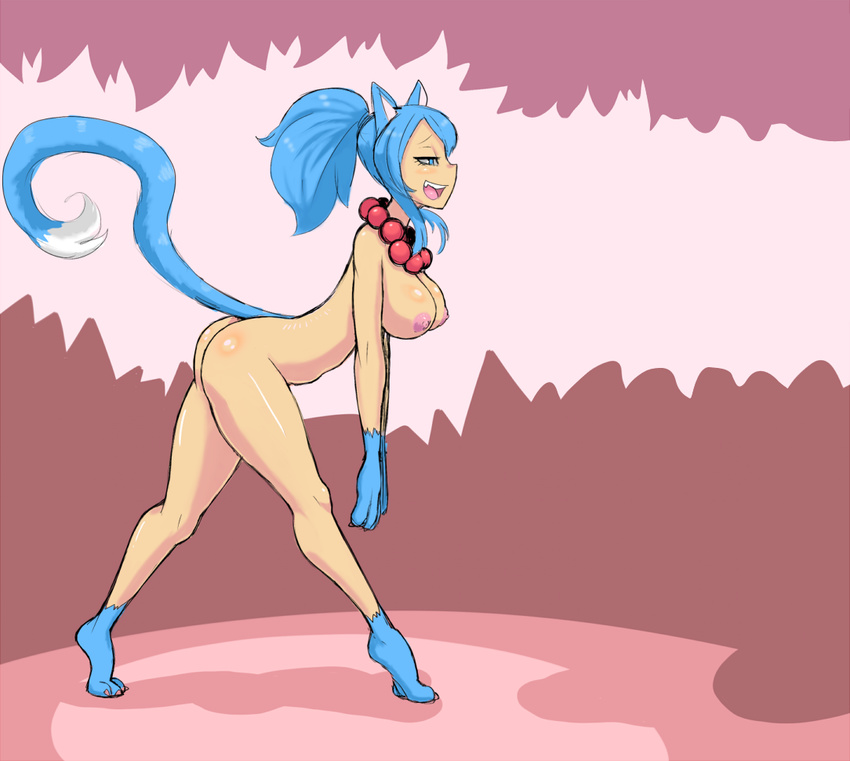 big_butt blue_hair blush breasts butt cat edit feline female hair hypnofood invalid_tag mammal nipples open_mouth raised_tail side_boob tongue tongue_out wide_hips