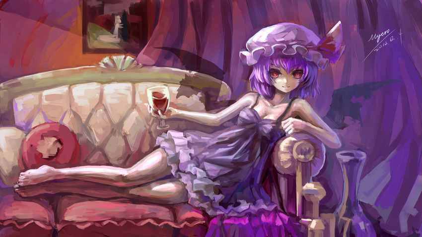 barefoot bat_wings chemise couch cup curtains dated drinking_glass hat highres looking_at_viewer lying myero on_side painting_(object) purple_hair red_eyes remilia_scarlet revision short_hair signature smile solo touhou vase wine_glass wings