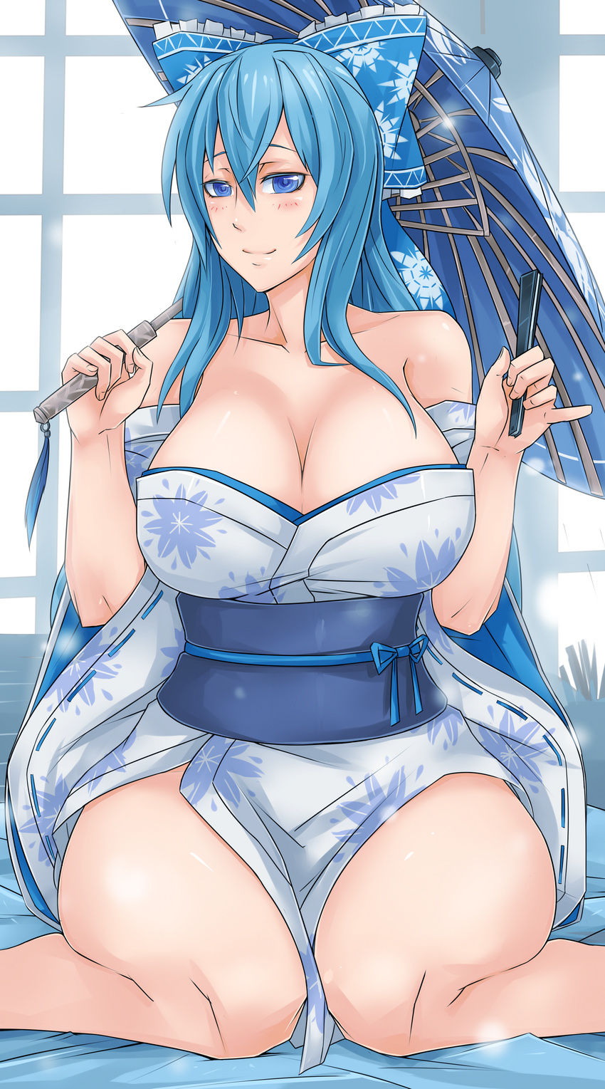 absurdres aqua_hair blue_eyes blush bow breasts curvy exaxuxer fan hair_bow highres huge_breasts japanese_clothes kimono knees_together_feet_apart long_hair obi off_shoulder original pinky_out revision sash sitting smile solo umbrella wariza