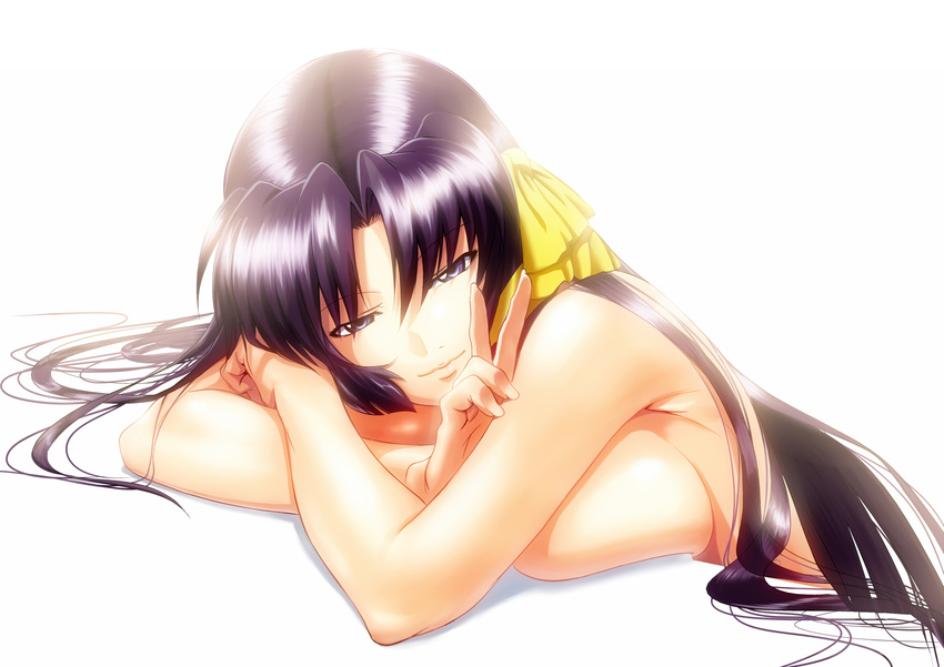 black_hair breasts highres kurugaya_yuiko large_breasts little_busters! long_hair looking_at_viewer sideboob silver_eyes smile solo v very_long_hair wakoudo white_background