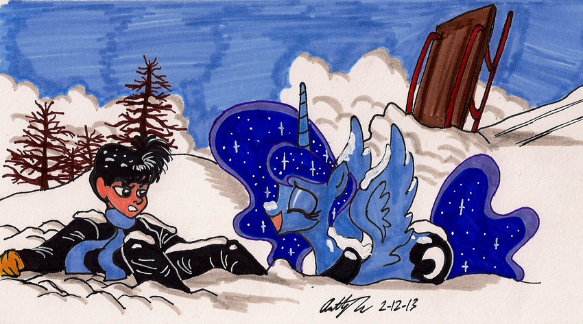 duo equine female feral friendship_is_magic horn human laugh male mammal my_little_pony newyorkx3 princess_luna_(mlp) sleigh snow winged_unicorn wings