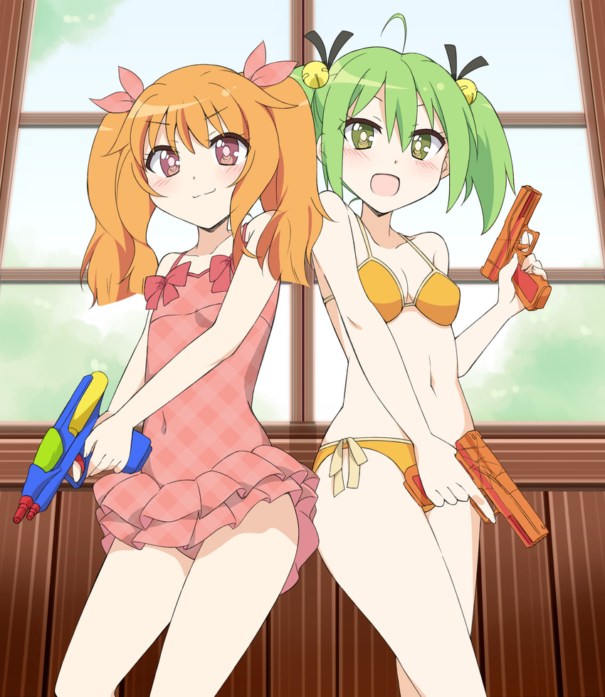 :3 :d absurdres ahoge alternate_hairstyle amatsuka_mao bell bikini blush breasts casual_one-piece_swimsuit cleavage covered_navel dual_wielding frilled_swimsuit frills gj-bu green_eyes green_hair hair_bell hair_flaps hair_ornament hair_ribbon highres holding jingle_bell kannazuki_tamaki long_hair mousou_(mousou_temporary) multiple_girls navel one-piece_swimsuit open_mouth orange_bikini orange_hair pink_eyes plaid plaid_swimsuit ribbon small_breasts smile swimsuit trigger_discipline twintails water_gun weapon window