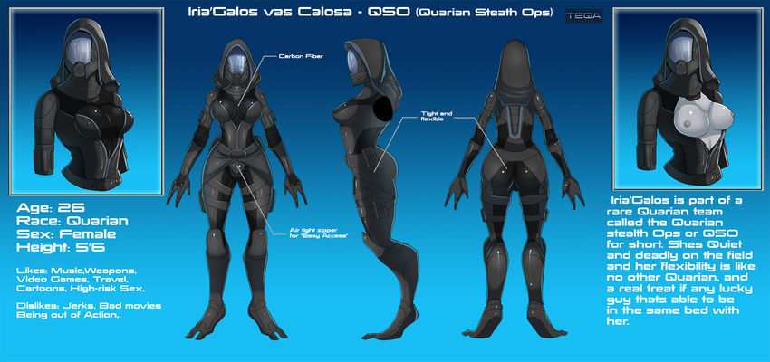 breasts butt english_text female mass_effect model_sheet nipples quarian solo suit teqa text