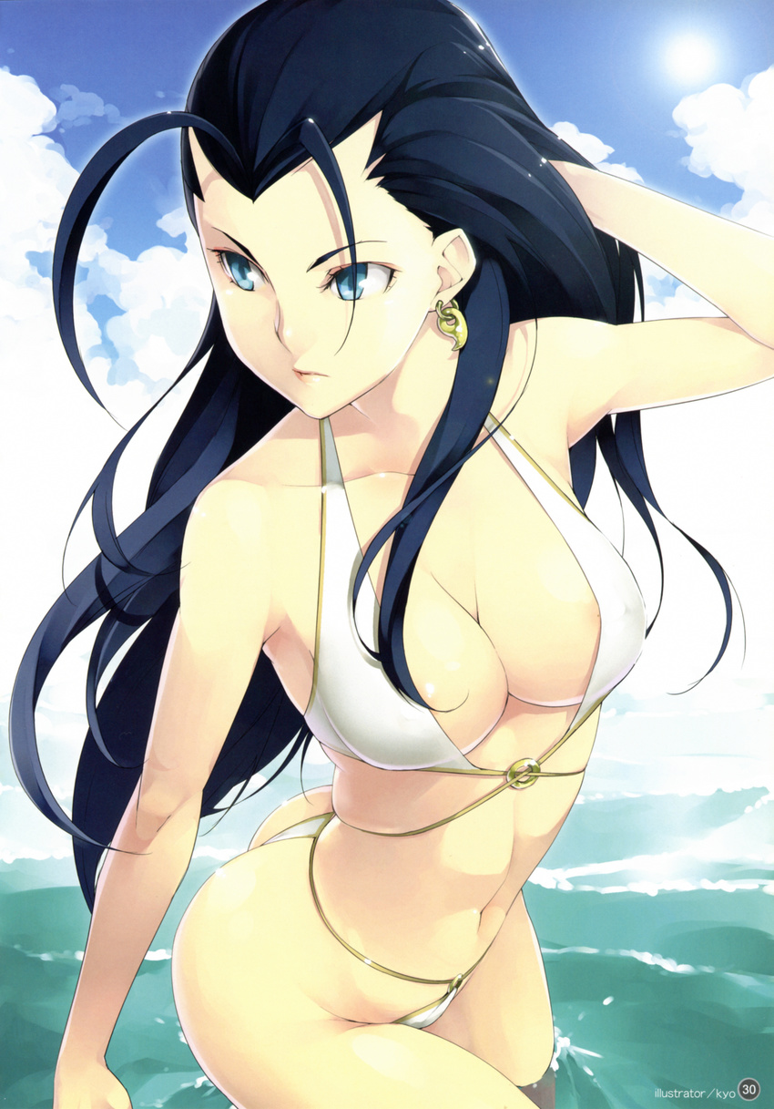 1girl absurdres bikini black_hair blue_eyes breasts cleavage earrings face highres ikkitousen ikkitousen_great_guardians jewelry kakouen_myousai kyo_(kuroichigo) long_hair magatama o-ring_bikini o-ring_bottom o-ring_top solo swimsuit thong_bikini very_long_hair water