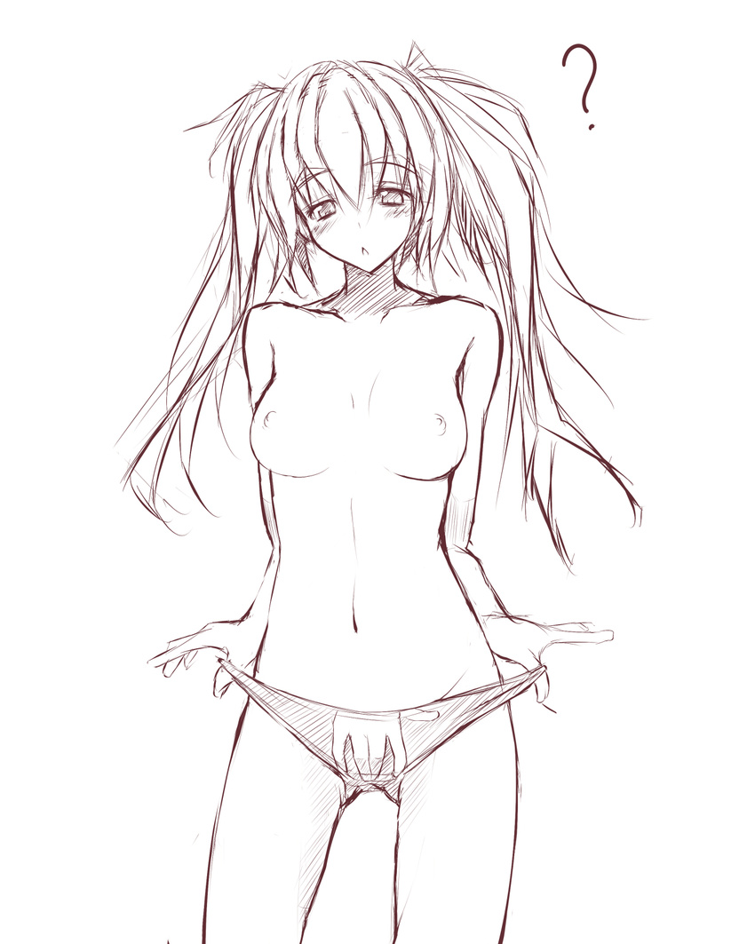 ? blush breasts copyright_request highres long_hair medium_breasts monochrome nipples panties panty_pull print_panties simple_background solo sukage topless underwear white_background
