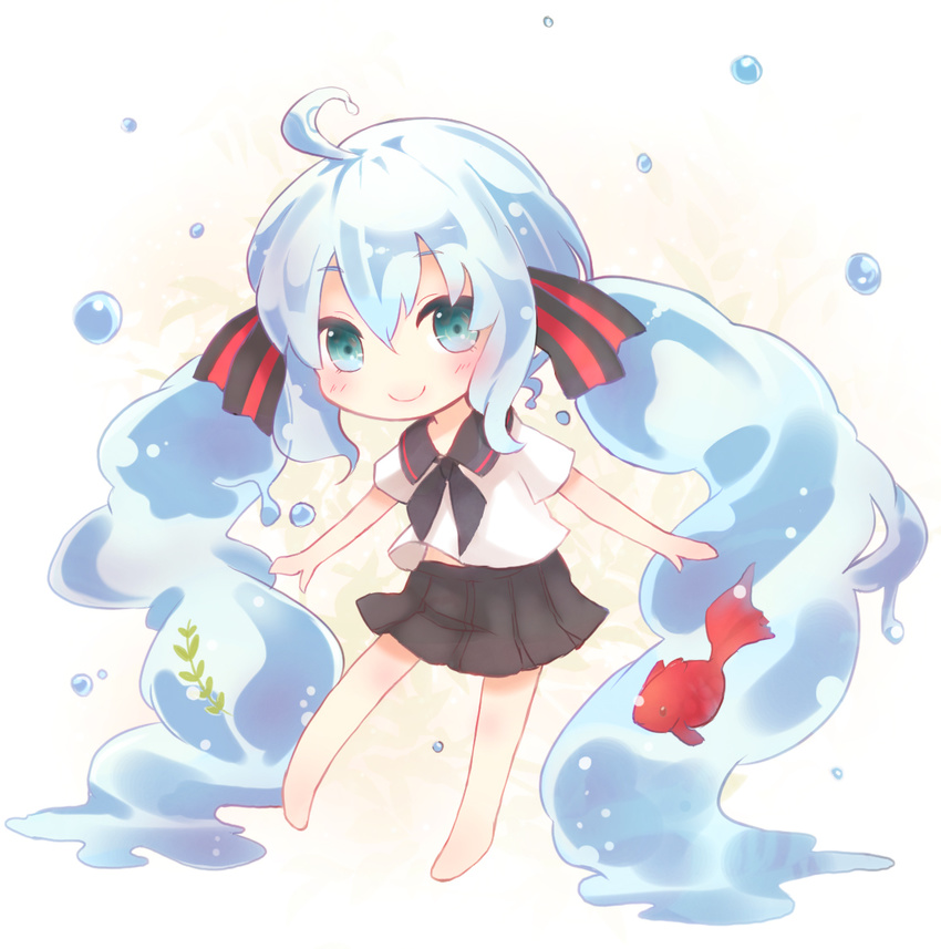 absurdly_long_hair ahoge aqua_eyes aqua_hair bare_legs barefoot bottle_miku bubble fish full_body hair_ribbon hatsune_miku isegawa_yasutaka liquid_hair long_hair looking_at_viewer neckerchief ribbon school_uniform serafuku shirt short_sleeves skirt smile solo twintails very_long_hair vocaloid