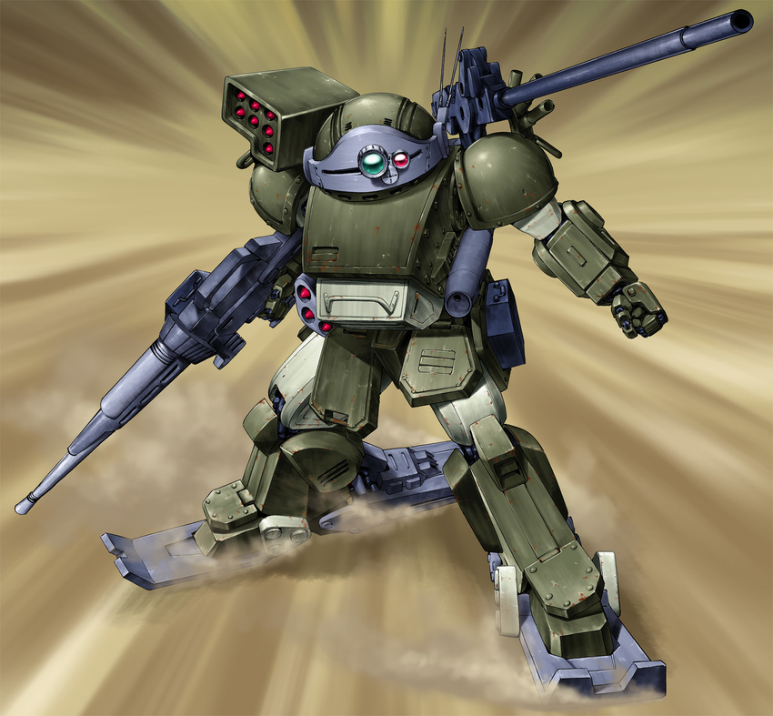 byeontae_jagga cannon clenched_hand dust gun highres machine_gun mecha missile_pod no_humans radio_antenna rocket_launcher rust sand skis solo soukou_kihei_votoms soukou_kihei_votoms_the_heretic_saint weapon