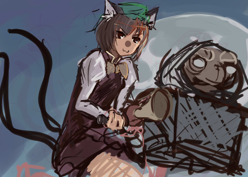 :3 animal_ears bicycle bike_horn brown_eyes brown_hair cat_ears cat_tail chen crossover dress e.t. et full_moon ground_vehicle hat honk_honk in_basket moon multiple_tails panties_(pantsu-pirate) parody short_hair tail touhou