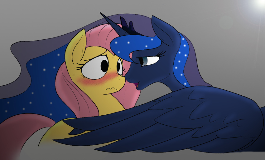 blue_fur blush colored duo equine female feral fluttershy_(mlp) friendship_is_magic fur hair horn horse j5furry long_hair lying mammal multi-colored_hair my_little_pony pink_hair plain_background pony princess_luna_(mlp) winged_unicorn wings yellow_fur