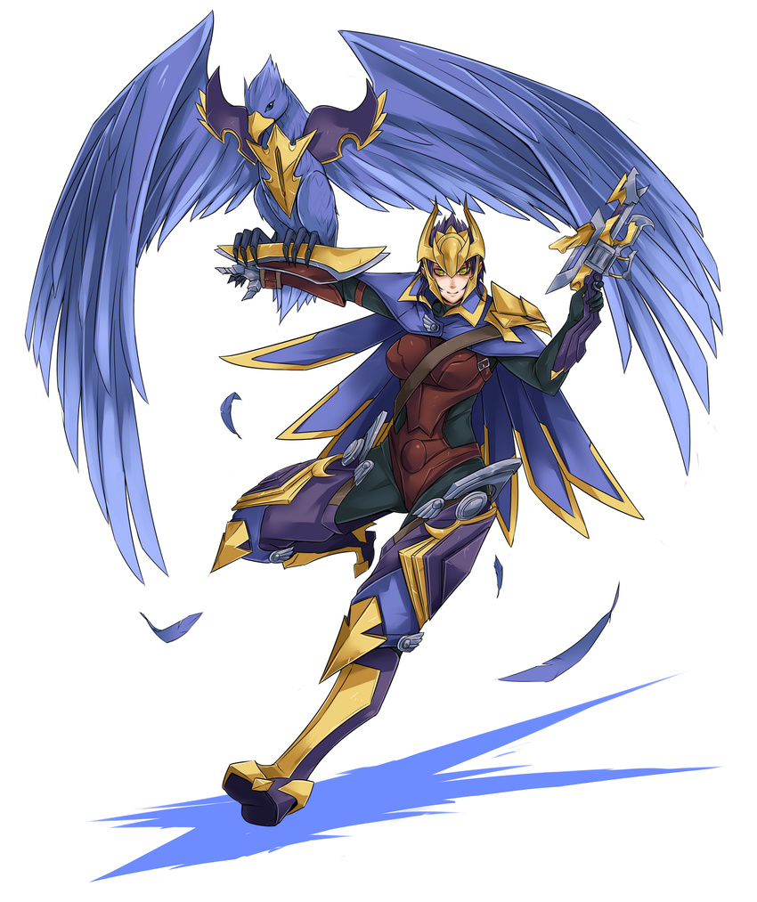 bird bodysuit bow_(weapon) breasts cape crossbow exaxuxer feathers green_eyes highres league_of_legends medium_breasts purple_hair quinn short_hair simple_background smile valor_(league_of_legends) weapon white_background yellow_eyes