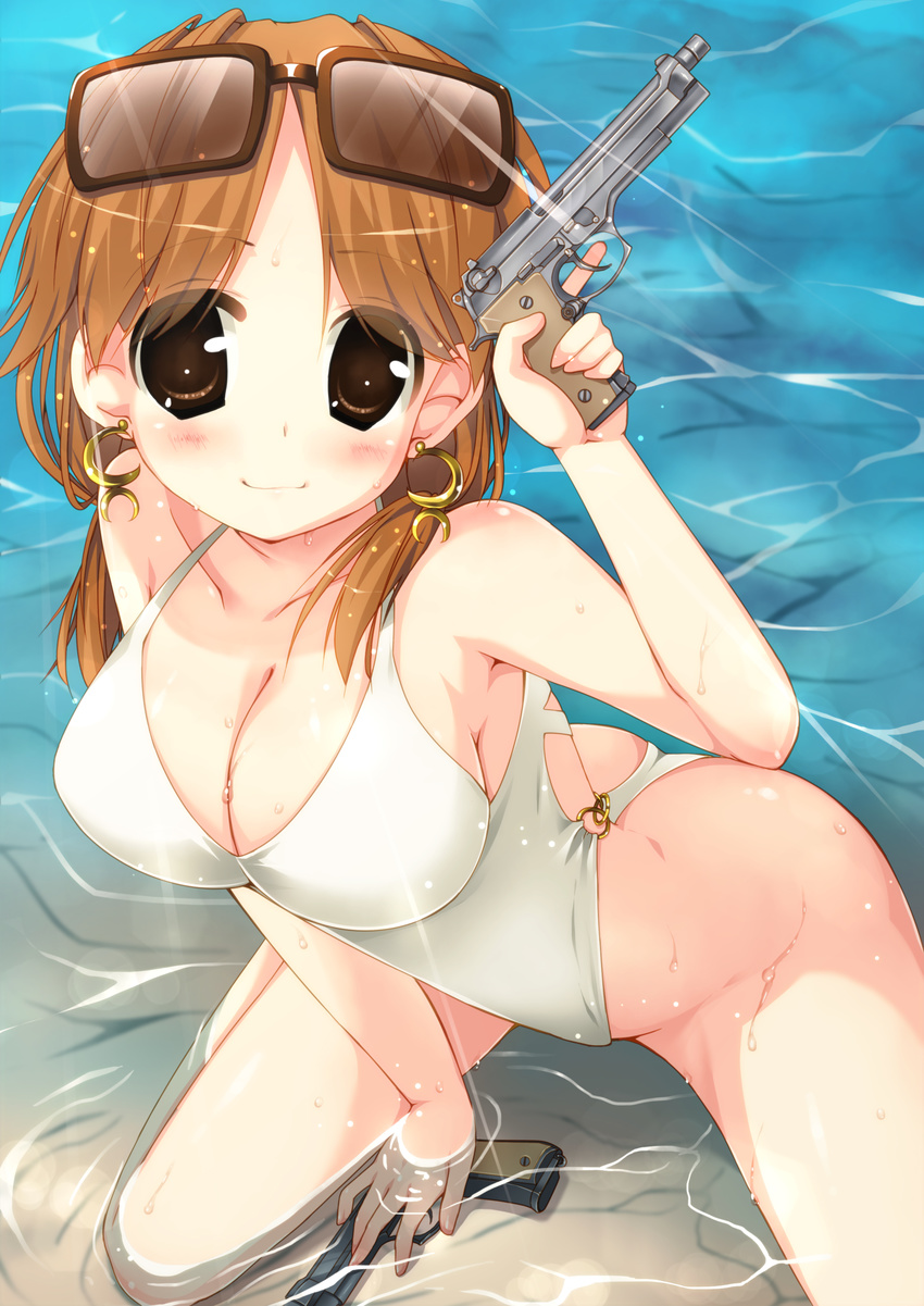 absurdres asou_natsume beretta_92 blush breasts brown_hair casual_one-piece_swimsuit cleavage dual_wielding earrings eyewear_on_head gun handgun highres holding idolmaster idolmaster_cinderella_girls jewelry katagiri_sanae large_breasts long_hair looking_at_viewer o-ring o-ring_swimsuit one-piece_swimsuit partially_submerged pistol smile solo sunglasses swimsuit trigger_discipline twintails water weapon