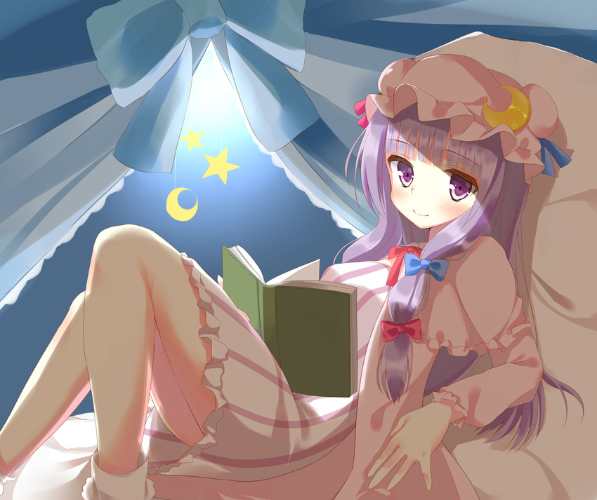 absurdres bad_id bad_pixiv_id bangs bed blunt_bangs canopy crescent dress hair_ribbon hat highres long_hair looking_at_viewer lying on_back patchouli_knowledge purple_eyes purple_hair ribbon rurudo smile solo star touhou