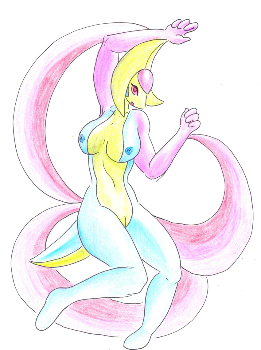 anthrofied blue_nipples breasts cresselia female legendary_pok&#233;mon looking_at_viewer nintendo nipples nude open_mouth pink_eyes pinup pitch-black-crow plain_background pok&#233;mon pok&#233;morph pok&eacute;mon pose pussy solo video_games white_background