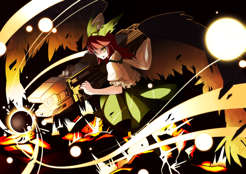 alternate_weapon arm_cannon black_wings bow brown_hair energy hair_bow highres looking_at_viewer reiuji_utsuho solo total9 touhou weapon wings yellow_eyes