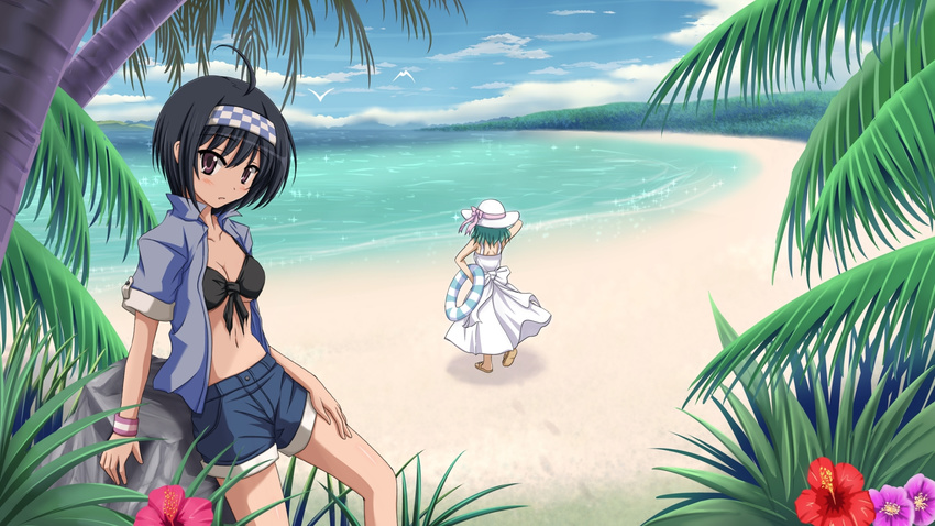 bad_id bad_pixiv_id beach bikini_top breasts checkered cleavage copyright_request day flower from_behind hairband highres looking_at_viewer medium_breasts multiple_girls outdoors shira-nyoro short_hair shorts
