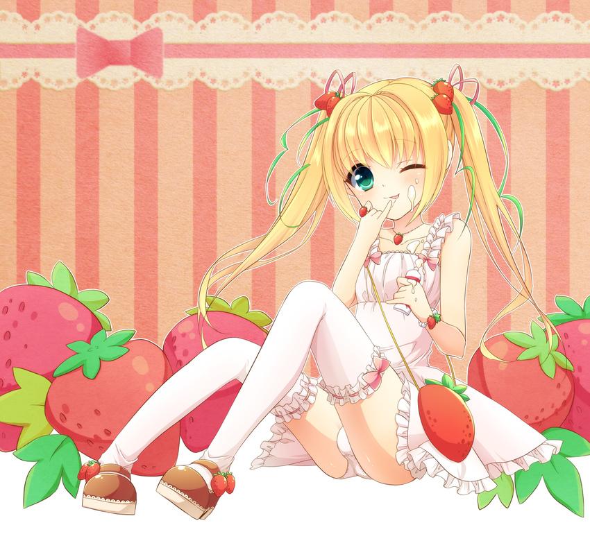 ;p aichi_shiho blonde_hair bracelet bulge cream food food_themed_clothes food_themed_hair_ornament fruit green_eyes hair_ornament hair_ribbon highres jewelry long_hair male_focus mary_janes necklace one_eye_closed original otoko_no_ko ribbon shoes sitting solo strawberry strawberry_hair_ornament thighhighs tongue tongue_out twintails