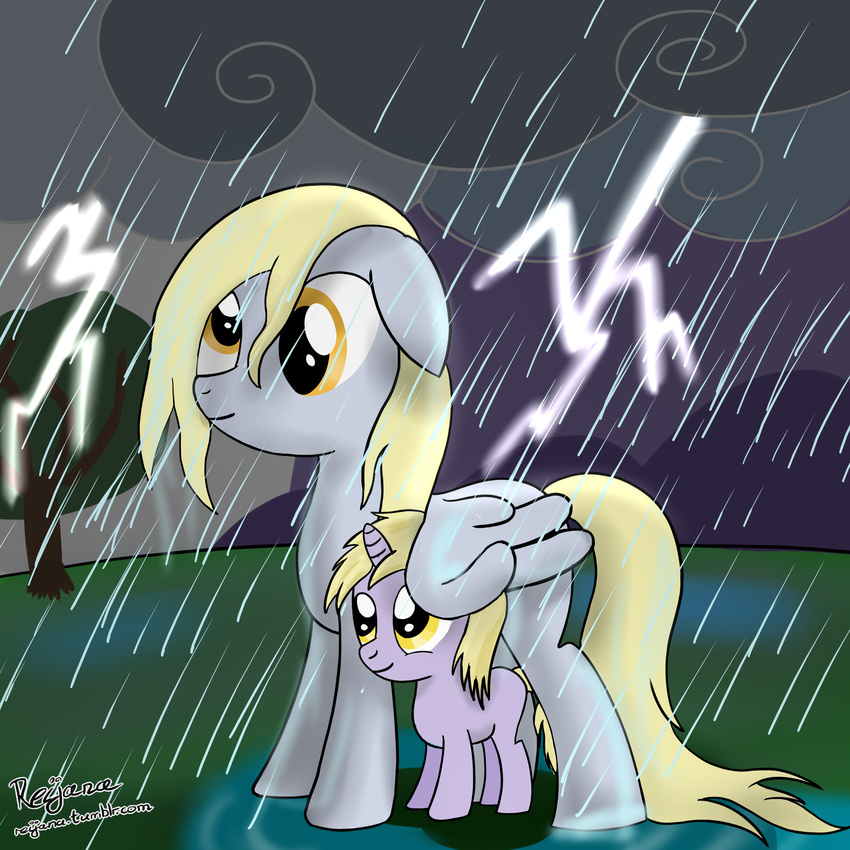 &lt;3 amber_eyes blonde_hair cloud derpy derpy_hooves_(mlp) dinky_hooves_(mlp) ditzy duo equine female feral friendship_is_magic fur grey_fur hair hi_res horn horse lightning mammal my_little_pony outside pegasus pony rain reijana signature tree unicorn wings young