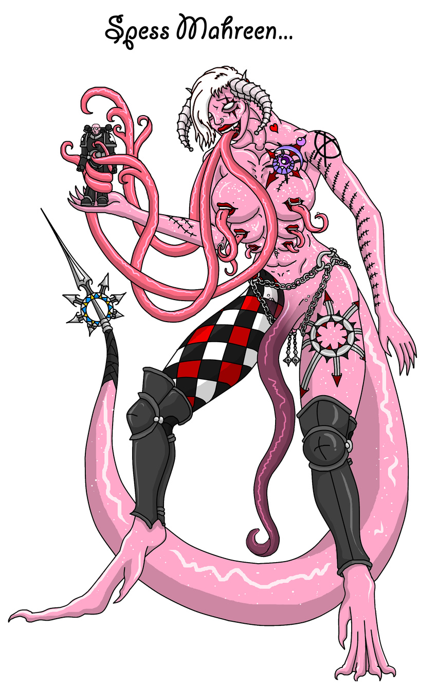 chaos daemon demon hammer harlequin herm horn intersex micro mouth_nipples multi_breast multi_tongues pink pink_body plain_background pussy slaanesh space_marine the_harlequin_of_slaanesh tongue warhammer warhammer_(franchise) warhammer_40k white_background