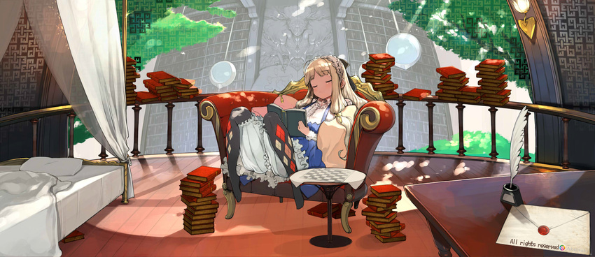 argyle argyle_legwear bad_id bad_pixiv_id bed black_legwear blanket blonde_hair bloomers blue_dress book book_stack canopy_bed chair closed_umbrella dennou_pandemic dress envelope hairband highres inkwell izuru_(timbermetal) library long_hair pantyhose pillow sitting sleeping solo table tree umbrella underwear very_long_hair window