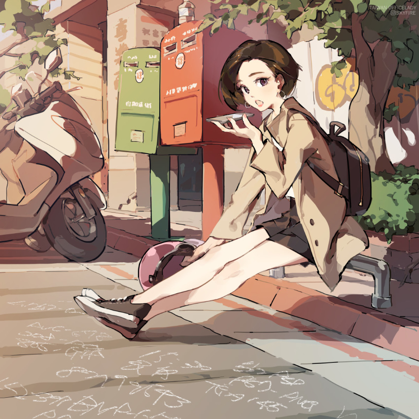 1girl :o backpack bag brown_coat brown_hair cellphone coat earrings full_body ground_vehicle helmet highres holding holding_helmet holding_phone jewelry looking_at_viewer motor_vehicle motorcycle motorcycle_helmet office_lady office_lady_taiwan original outdoors phone postbox_(outgoing_mail) purple_eyes shoes short_hair sitting smartphone sneakers solo taiwan tennohi twitter_username