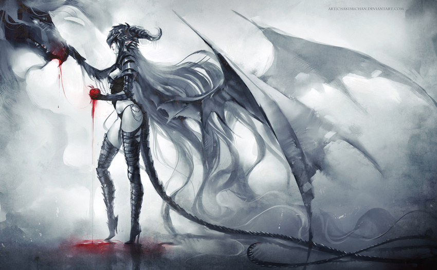 armor blood breasts dragon female fruit hair helmet long_hair long_tail pointy_ears sakimichan wings