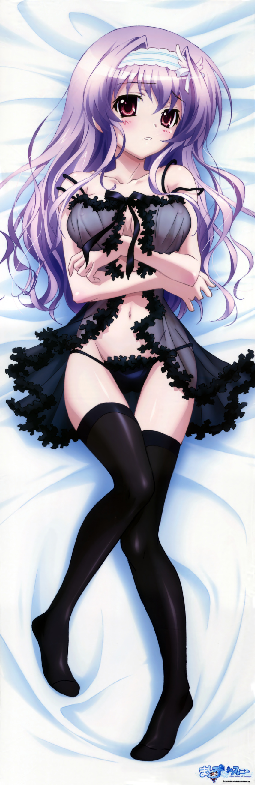 absurdres amaha_miu artist_request babydoll bad_id bad_yandere_id bed bed_sheet black_legwear black_panties blush breasts cleavage copyright_name dakimakura from_above full_body hairband headband highres huge_filesize legs looking_at_viewer lowleg lowleg_panties lying mashiroiro_symphony medium_breasts on_back on_bed on_stomach open_mouth panties purple_eyes purple_hair ribbon see-through solo thighhighs underwear