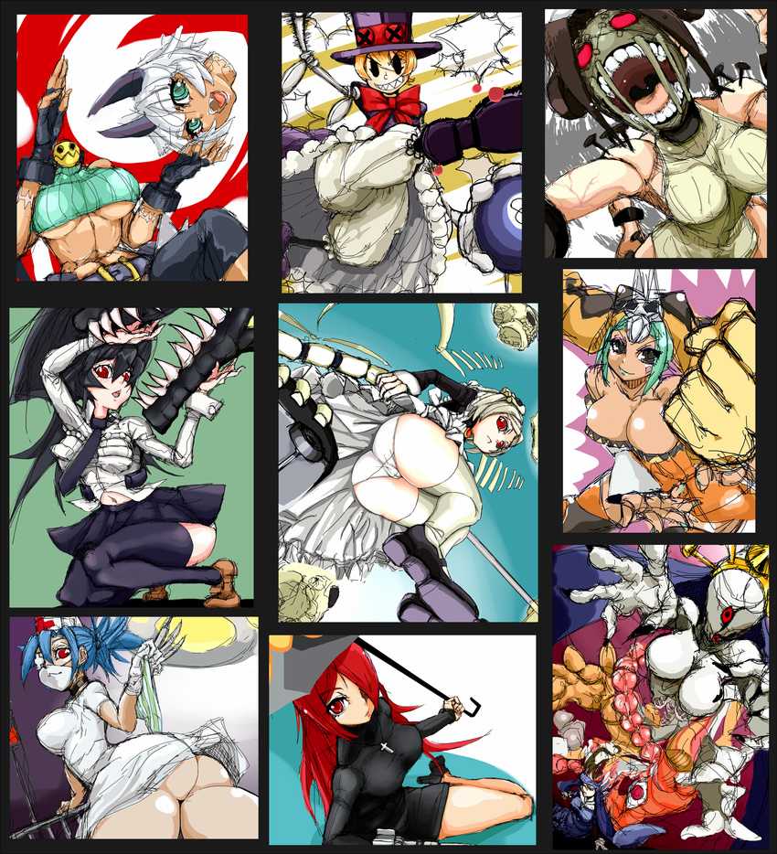 absurdres animal_ears ass bared_teeth black_hair black_legwear bloody_marie_(skullgirls) bloomers breasts cat_ears cerebella_(skullgirls) cleavage dark_skin double_(skullgirls) dress eyepatch eyeshadow filia_(skullgirls) green_eyes green_hair habit hair_ornament hair_over_one_eye hat headless highres krieg_(skullgirls) large_breasts lenny_the_bomb living_clothes long_hair maid makeup mask mechanical_arms monster ms._fortune_(skullgirls) multiple_girls navel necktie nun nurse nurse_cap open_mouth orange_hair painwheel_(skullgirls) panties parasoul_(skullgirls) peacock_(skullgirls) ponytail prehensile_hair red_eyes red_hair samson_(skullgirls) school_uniform severed_head short_dress short_hair skirt skull_hair_ornament skullgirls smile sweater thighhighs tommy_bell top_hat umbrella underboob underwear upskirt valentine_(skullgirls) veins vice-versa_(skullgirls) white_hair white_legwear