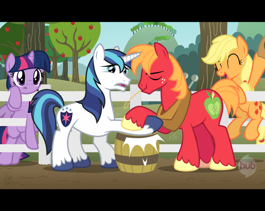 applejack_(mlp) arm_wrestling barrel big_macintosh_(mlp) blue_eyes cutie_mark d: equine eyes_closed female fence feral freckles friendship_is_magic group hair horn horse male mammal multi-colored_hair my_little_pony niggerfaggot outside pony purple_eyes shining_armor_(mlp) tree twilight_sparkle_(mlp) unicorn wheat winged_unicorn wings yoke