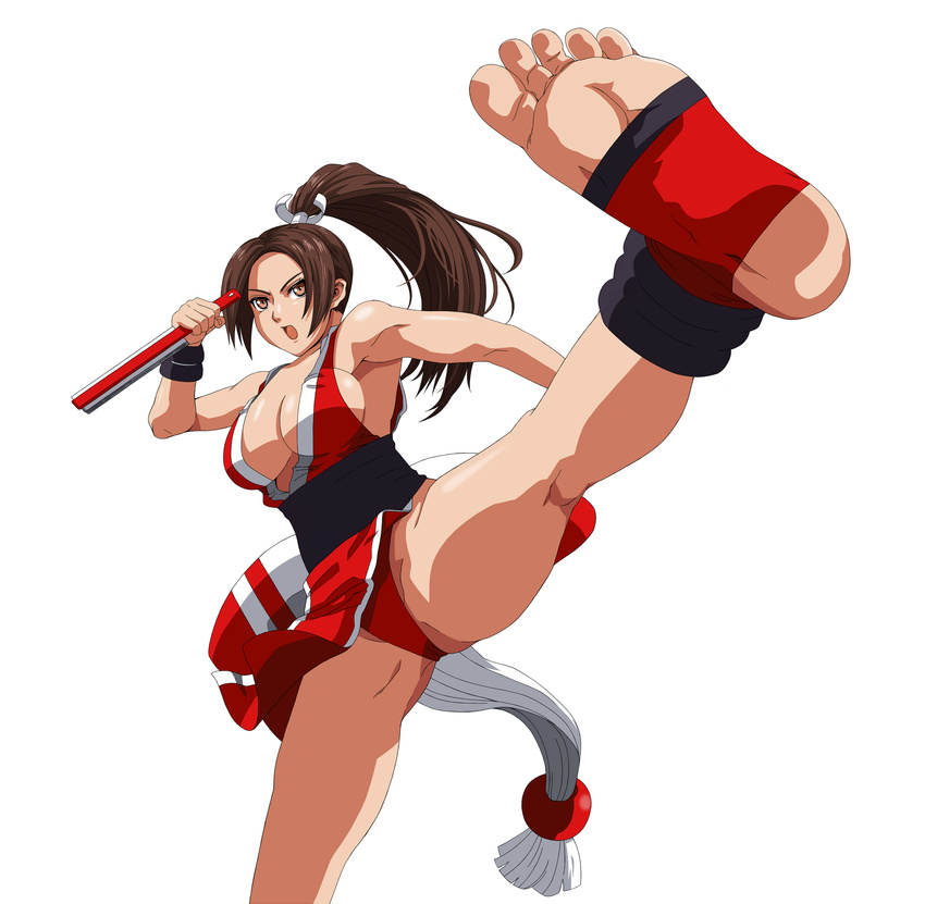 absurdres barefoot breasts bridal_gauntlets brown_hair fan fatal_fury feet fighting_stance highres japanese_clothes kicking kuroi_ohagi long_hair ninja ponytail shiranui_mai sideboob soles the_king_of_fighters toeless_legwear toes