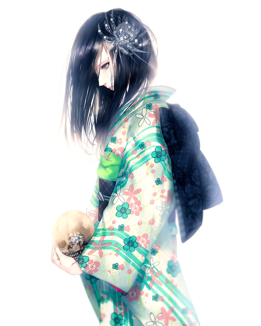 black_hair floral_print flower hair_flower hair_ornament hair_over_one_eye highres japanese_clothes kimono original porigon skull solo tears white_background