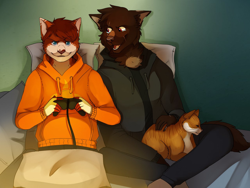 anthro blue_eyes brown_fur brown_hair brown_nose canine cat clothing comfy duo eyewear feline feral fur glasses hair male mammal open_mouth red_eye red_eyes smile solarbyte teeth video_games white_fur