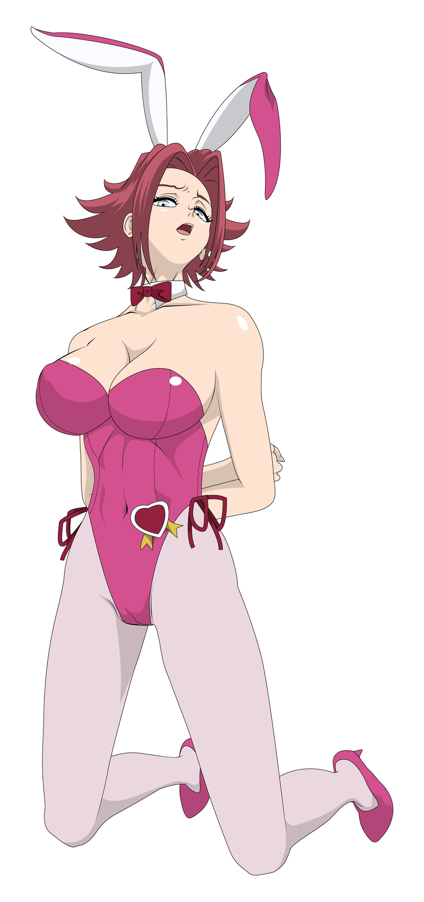 1girl absurdres animal_ears arm arms arms_behind_back bare_shoulders blue_eyes bow bowtie breasts bunny_ears bunny_girl bunnysuit cameltoe cleavage clothed_navel code_geass collarbone detached_collar fake_animal_ears female head_tilt heart high_heels highres kallen_stadtfeld kneeling large_breasts legs leotard looking_at_viewer looking_down open_mouth pantyhose red_hair shoes short_hair simple_background skin_tight solo thighs tied tied_up white_background