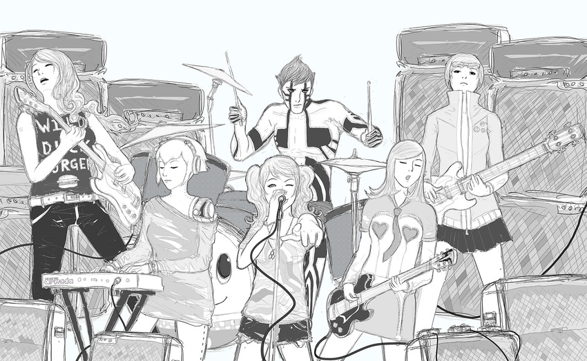 5girls aegis_(persona) amano_maya android band character_request closed_eyes copyright_request crossover cymbals drum eyewear_on_head grey guitar hitoshura instrument keyboard_(instrument) kirijou_mitsuru kujikawa_rise looking_at_viewer microphone monochrome multiple_girls one_eye_closed open_mouth persona persona_2 persona_3 persona_4 pointing satonaka_chie short_hair standing topless we.are.the.armada