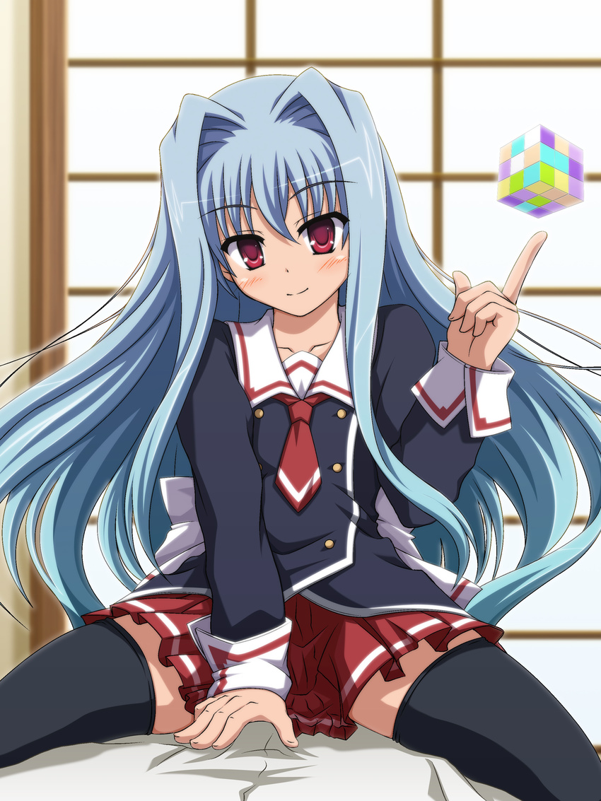 absurdres bad_id bad_pixiv_id blue_hair blush cube_x_cursed_x_curious fear_kubrick flat_chest highres long_hair looking_at_viewer red_eyes school_uniform serafuku shira-nyoro skirt smile solo taishuu_high_school_uniform thighhighs