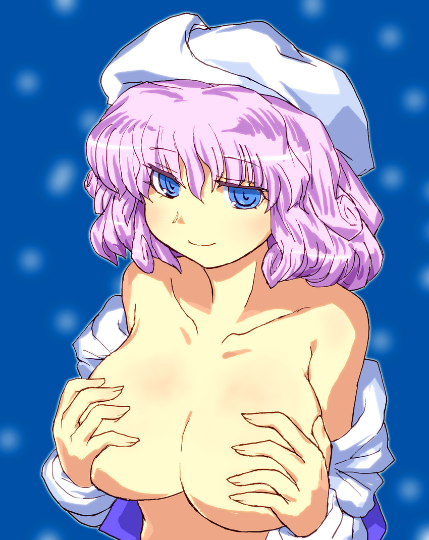 blue_eyes breasts cleavage collarbone covering covering_breasts gomi_ichigo hat highres large_breasts letty_whiterock no_bra off_shoulder open_clothes open_shirt pink_hair purple_hair shirt smile solo topless touhou