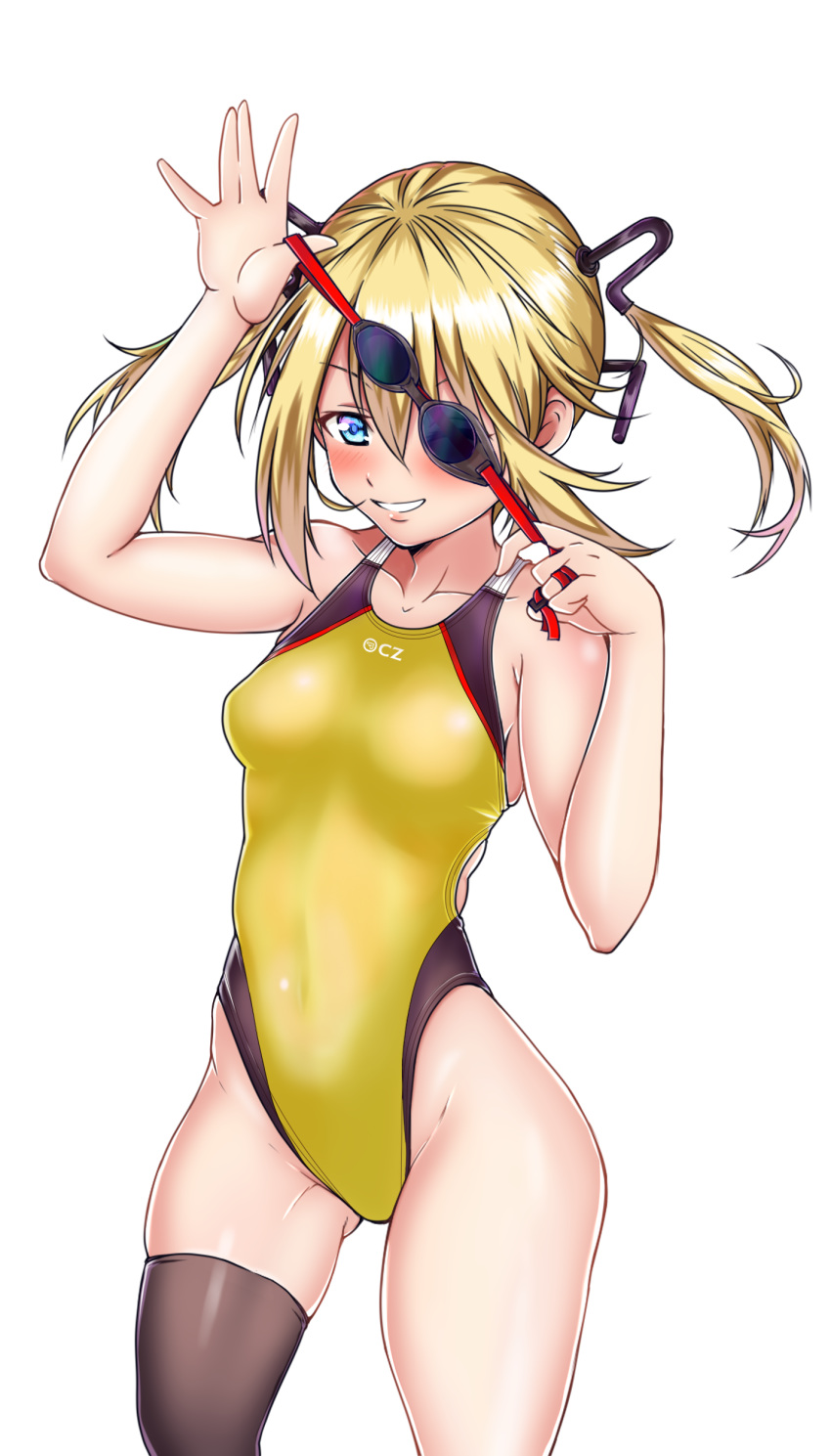1girl absurdres aiuchi black_legwear blonde_hair blue_eyes character_request collarbone commentary_request competition_swimsuit cowboy_shot girls_frontline goggles highleg highleg_swimsuit highres long_hair looking_at_viewer one-piece_swimsuit parted_lips simple_background single_thighhigh solo swimsuit thighhighs twintails white_background yellow_swimsuit
