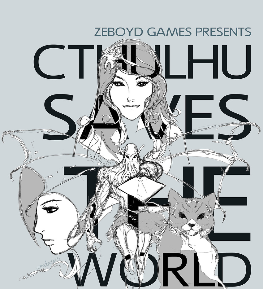 2girls cat character_request copyright_name cthulhu cthulhu_saves_the_world dated english grey highres monochrome multiple_girls signature smile sword tentacles we.are.the.armada weapon wings